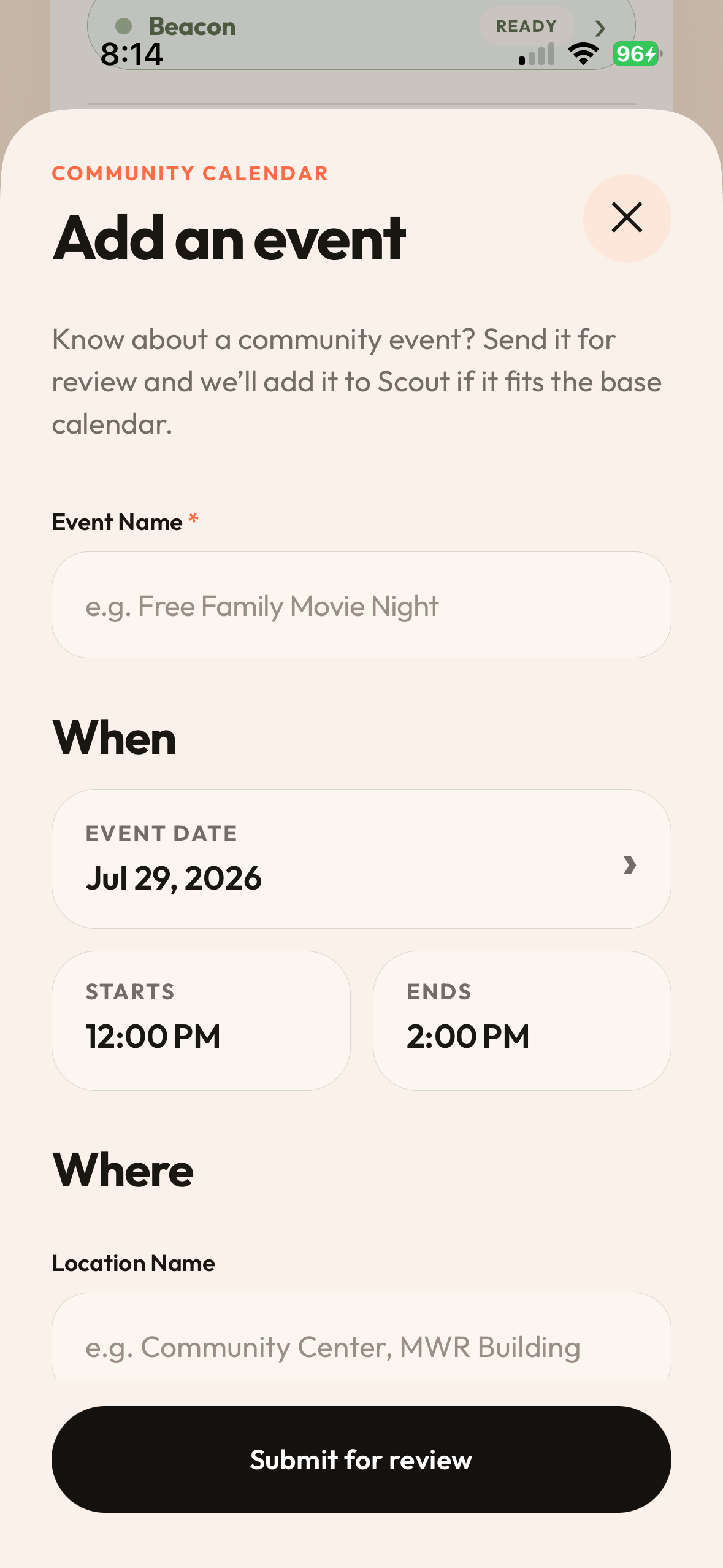 Add an event form