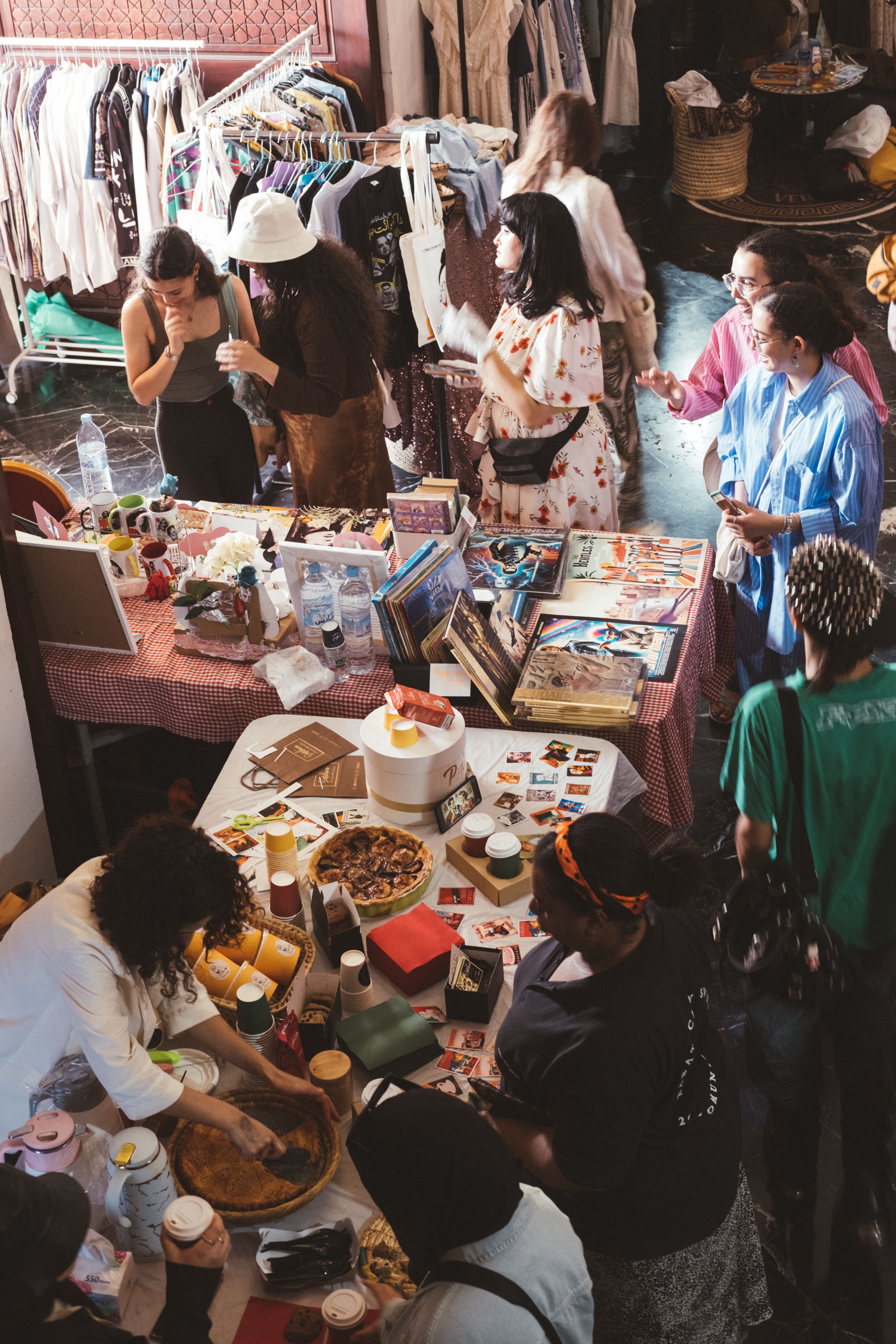 Families browsing a lively local market